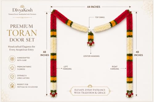 Image of Divyakosh Toran Set (with Side Hanging), Toran for Main Door Entrance, Fabric, Handmade, Dark Pink & White Floral Banderwal, Big Size, Width 3.5 FT & Height 4 FT