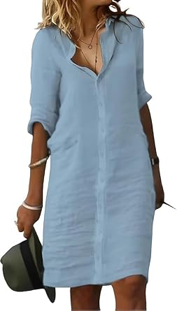 Fronage Womens Summer Midi Shirt Dresses Button Down 1/2 Sleeve Lapel Casual Cotton Linen Dress