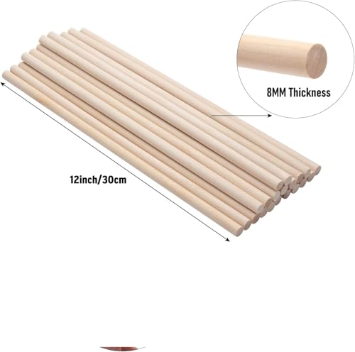 Image of Round 30cm Long and 8MM Thick 16pc Wooden Dowels Sticks for Crafts, Cake Dowels, Home Decor, DIY Projects, and Much More (30cm x 8mm, 16pc)