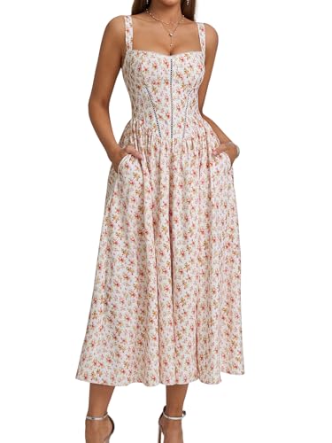 KUTUMAI Floral Corset Midi Dress Flowy Slit Summer Spring Wedding Guest Dresses for Women Sundress with Pockets Rose XL