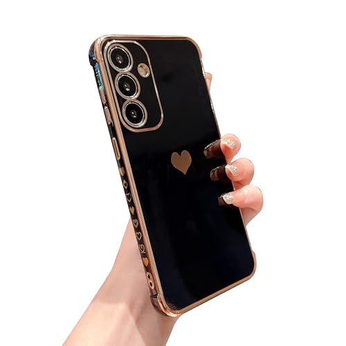 phylla Compatible with Samsung Galaxy S25 FE 5g Phone Case Luxury Plating Cute Love Heart Side Small Pattern Case Full Camera Protection Soft Silicone Shockproof Bumper Cover (Black)