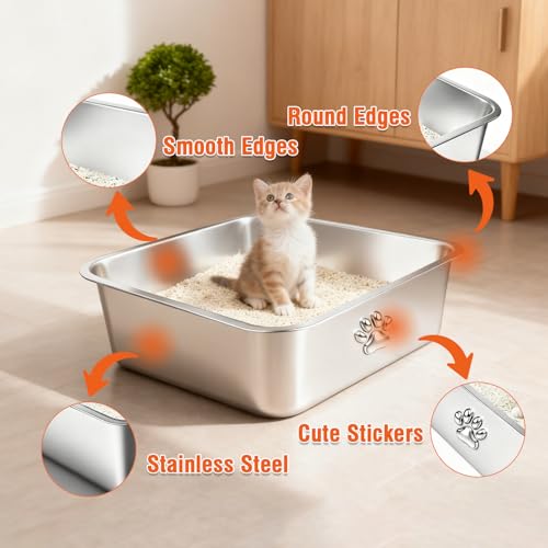 Arenero de acero inoxidable para gatos, lados altos, fácil limpieza miniatura 3