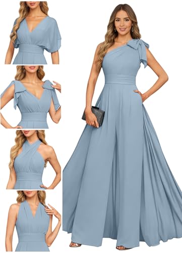 Mkojaa Women's Infinity Chiffon Jumpsuit for Wedding Guest Convertible Chiffon Pantsuit Wide Leg Evening Formal Dress for Prom Dusty Blue US14