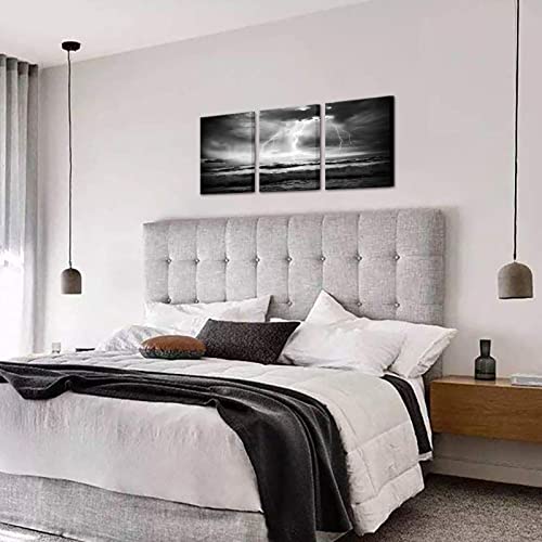 Artmyharbor 3 Piece Storm Sea Canvas Print Black White Ocean Lightning Wall Art Nautical Pictures Painting Nature Artwork Home Office Bathroom Bedroom Decor Stretched Ready To Hang #TOP3