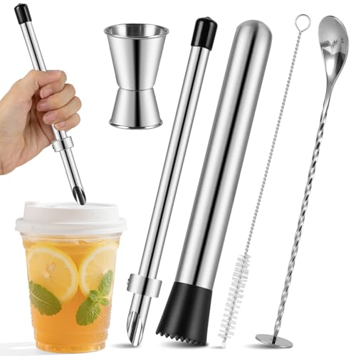 ZPUFAW 5Pcs Set Straw Puncher for Lemonade Plastic Lids Cups with Muddler Bar Spoon Jigger 304 Stainless Steel Straw Hole Puncher