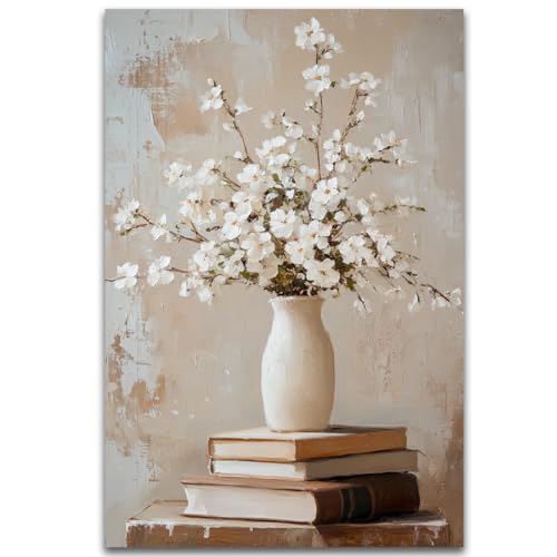 Malhotra Print Shop Vintage Book Canvas Wall Art,White Floral Books Watercolor Aestheticinting,Rustic Light Academia Picture for Girls Bedroom Nursery Bathroom,16'x24' Unframed