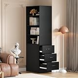 Kelodan Libreria stretta alta 180 cm con cassetti laterali, ripiani regolabili, montaggio a sinistra/destra, per piccoli spazi – credenza, mobile alto, bianco