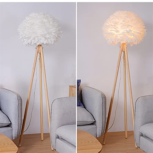 Elegante lámpara de pie de plumas blancas con trípode de madera, elegante luz LED para sala de estar, dormitorio, vestíbulo y estudio, solución de iluminación moderna para decoración del hogar