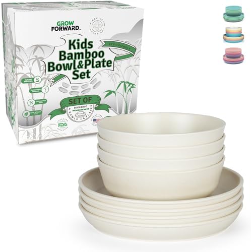 Grow Forward Bamboo Kids Plates and Bowls Sets - 8-Piece Dishwash...