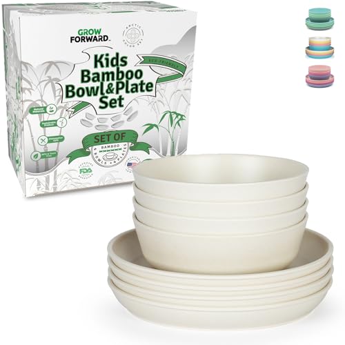 Grow Forward Bamboo Kids Plates and Bowls Sets - 8-Piece Dishwasher Safe Non Toxic Plates for Kids - Reusable Eco Friendly BPA Free Dishes Dinnerware Sets for Children - Arctic