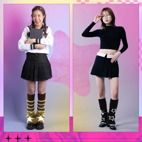 2 Pairs Star Y2k Leg Warmers for Girls Kawaii Harajuku Knitted Flared Leg Warmers Double-sided Skull Brown Goth Accessories Crochet Lolita Emo Gift for Women Daily Wear Party3