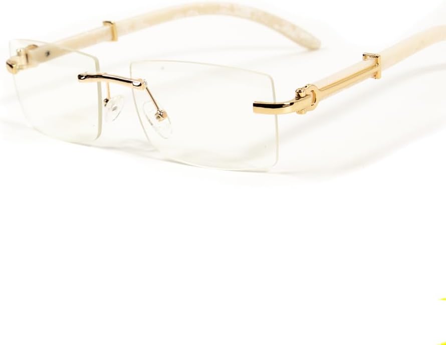 Street Knitted White Arm Trendy Retro Vintage Style Designer Rimless Clear Lens Men’s Women Rectangular Gold Frame Unisex Square Frameless Clear Tint Rectangle Buffs Hip Hop Eye Glasses