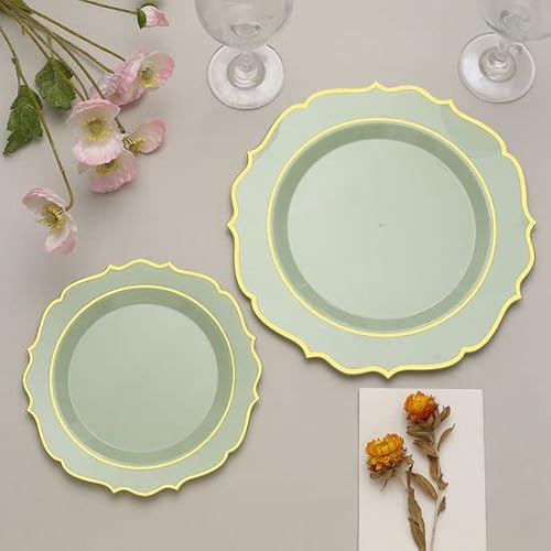 Efavormart 10 Pack | 10" Sage Green Plastic Dinner Plates Disposable Tableware Round With Gold Scalloped Rim For Wedding, Outdoor Receptions, Banquets, Holiday Dining #TOP6