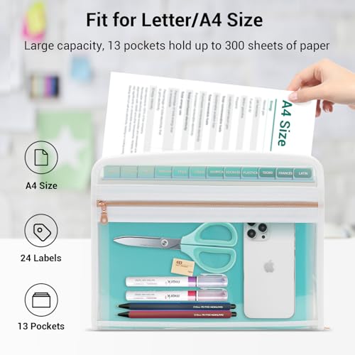 Mukawa 13 Pocket Expanding File Folder, Zipper Accordion File Folder, Expandable Folder with Customized Labels, Document Organizer for School Kids, Office Paper Organizer, Letter Size (Green) - Thumbnail 2