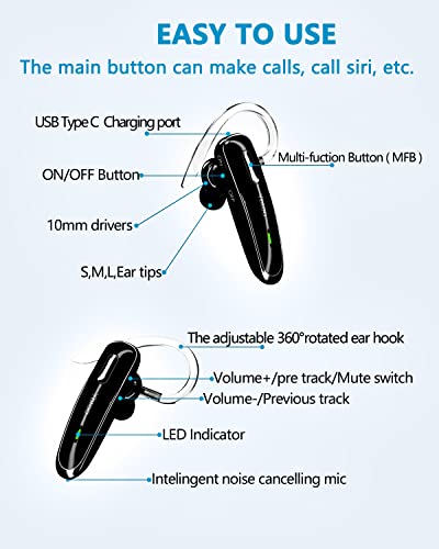 Ybtoo Bluetooth Headset, V5.1 Ultralight Wireless Handsfree Earpiece Cell Phone With Noise Cancellation Microphone For Iphone Android Samsung Laptop Trucker Driver #TOP6