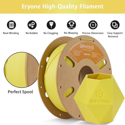 Image of ERYONE Matte PLA Filament for 3D Printer, Filament 1.75mm + /- 0.03mm, 1kg (2.2LBS) /Spool, Yellow