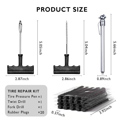 Image of Tire Repair Kit with Plugs,Tire Plug Kit Heavy Duty Professional with T-Handle Tool and Tyre Pressure Pen,Universal Fix a Flat Tires Sealant for Emergency Fixing Tires Puncture