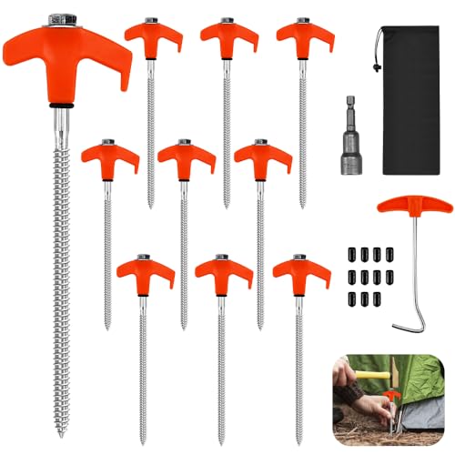 KITERI 10 Pcs Screw In Tent Pegs, 8 Inch Tent Pegs Hard Ground Awning Pegs Heavy Duty Camping Pegs With Tent Peg Extractor Hexagon Socket and Storage Bag for Hard Ground Camping Tarpaulin
