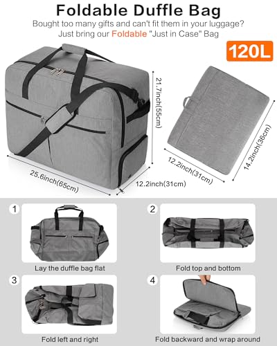 Image of 120L Foldable Large Travel Duffle Bag for Men and Women, Packable Duffel Bags with Shoe Compartment, Water Repellent & Tear Resistant (Gray)
