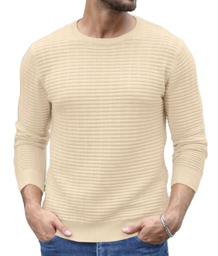 Askdeer Men's Crewneck Sweater Cable Knit Pullover Sweater Long Sleeve Knit Textured Sweater with Ribbing Edge