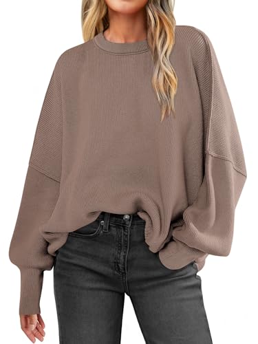 LOGENE Women's Oversized Batwing Long Sleeve Crewneck Side Slit Ribbed Knit Pullover Sweater Tops