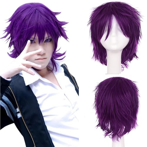 Image of S-noilite Unisex Short Purple Wig Women Men's Anime Cosplay Wigs Straight Synthetic Hair Short Layered Fluffy Pixie Full Wig for Halloween Comic-cons Costume Party (Purple)