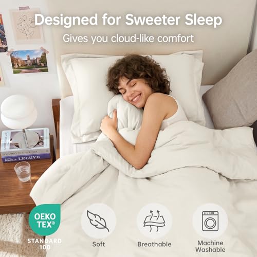 Image of MUXHOMO Twin /Twin XL Comforter Set, All Season Ultra Soft Down Alternative Bedding - 2 Piece Lightweight Bed Set Includes 1 Comforter (68 inchx88 inch) and 1 Pillow Shams (20 inchx26 inch), Ivory