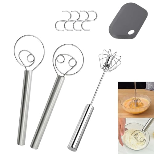 Juego de batidor de masa danés, juego de 4 piezas, batidor semiautomático de acero inoxidable, raspador de masa de silicona, fácil de limpiar, para cocinar, batir, agitar, masa madre, pizza,