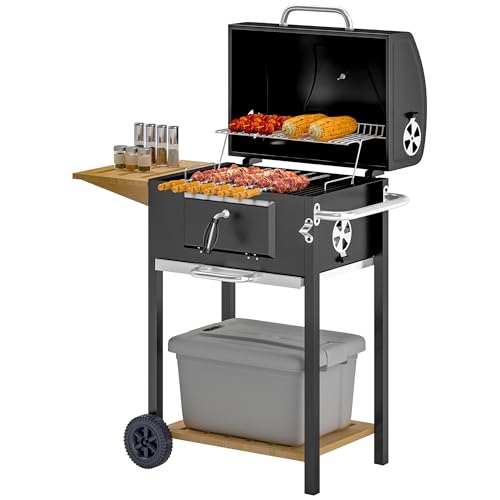 Outsunny Charcoal BBQ Grill, Outdoor Portable Cooker for Camping or Backyard Picnic, Barbecue Grill with Side Table, Bottom Storage Shelf, Wheels and Handle, Black