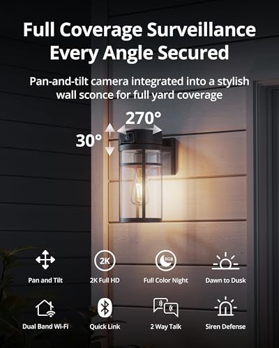 Image of Outdoor Porch Light Security Camera, 2K HD Pan & Tilt Wall Lantern with AI Human Tracking, 2-Way Talk, Infrared Night Vision, Dual-Band WiFi, Auto Dusk to Dawn - for Porch, Garage, Doorway