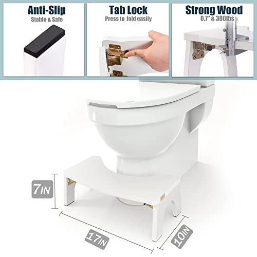 Toilet Stool Wood, Foldable Poop Stool For Adults, 7" Squatting Potty Stool Extra Sturdy & Wide Wooden Toilet Squat Step Stool With Anti-Slip Feet By Cheago,380 Lbs Pure White #TOP2