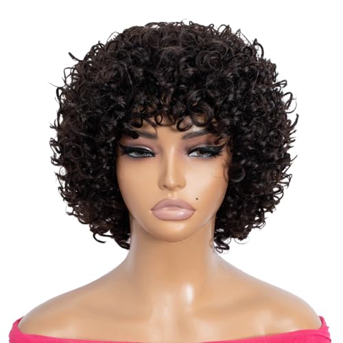 Rebecca Fashion 8 Inch Short Curly Wigs with Bangs Human Hair Curly Wigs for Black Women 10A Brazilian Virgin Human Hair 150% Density Wear and Go Glueless Wigs Ombre Brown Color