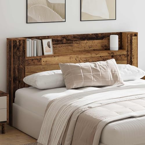 Teenpull Armario cabecero con iluminación LED, madera vieja, 180 x 16,5 x 103,5 cm, montaje en pared, estantería para dormitorio, habitación de invitados, habitación juvenil, con espacio de