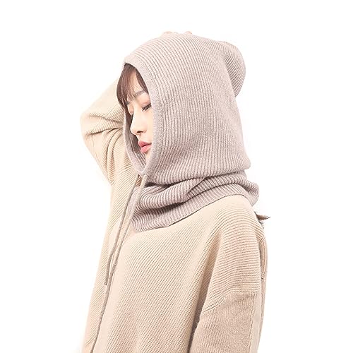 Hooded Scarf Hat with Drawstring, Soft Warm Winter Hats for Women, Knitted Hoodie Scarf Neck Warmer Coffee4