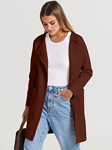 Anrabess Women's Open Front Knit Cardigan Long Sleeve Lapel Casual Solid Classy Sweater Jacket 715Zhuanhong-L Red Brown #TOP1