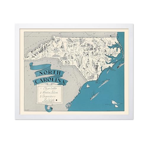 Poster Master Vintage Map Print - Retro North Carolina State Poster - Educational Art - Gift for Teacher, Student, Travel Lover - Wall Decoration for Classroom, Office, Dorm - 8x10 White Framed
