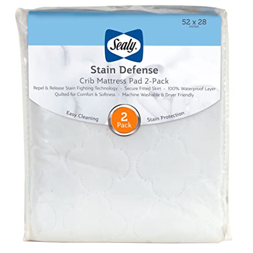 Image of Sealy Baby Stain Defense 2-Pack Fitted Waterproof Infant Crib Mattress Protector Pad and Toddler Bed Cover, Durable and Comfortable Topper, Machine Washable and Dryer Friendly, 52” x 28”- White