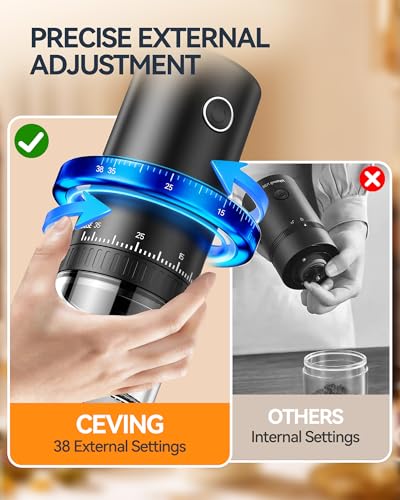 Erste Aufladbare Kaffeemühle mit Mahlfunktion während des Ladevorgangs, 1,7X Schnellere Mahlleistung mit 38 Externen Einstellmöglichkeiten, Keramikmahlwerk & 2000mAh Akku, Tragbar für Reisen, Camping