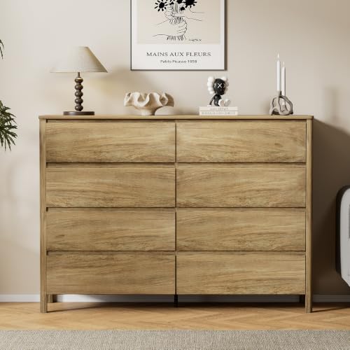 Image of Furniway 55 inch Wide 8 Drawer Wood Dresser for Bedroom with Legs, Natural Oak