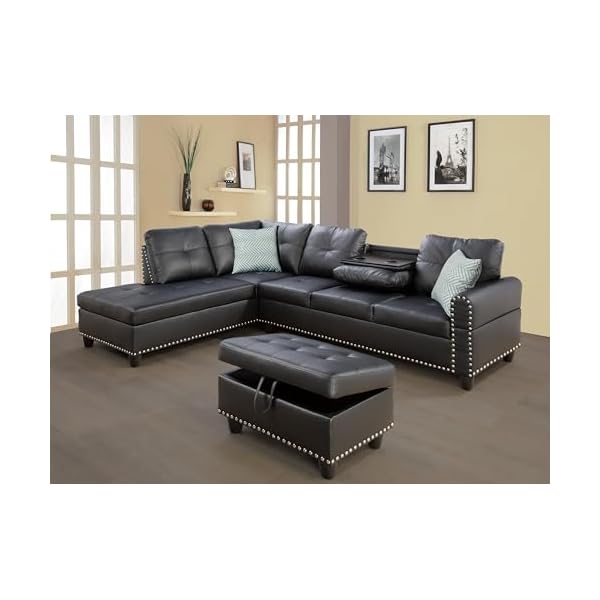 Fanye 3 piece modular sectional sofa with r chaise l shaped 5 seaters faux leather upholstered corner sofa couch w2 cup holders and storage ottoman for home apartment office living room  urban country home decor