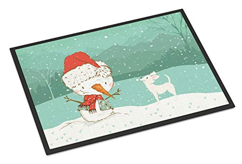 Caroline's Treasures CK2082MAT White Chihuahua Snowman Christmas Doormat 18x27 Front Door Mat Indoor Outdoor Rugs for Entryway, Non Slip Washable Low Pile, 18H X 27W