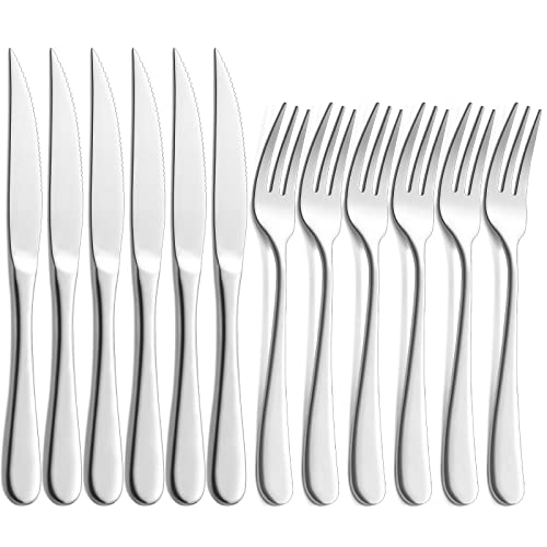 Cubiertos para bistec, cubiertos para bistec Pleafind, 12 piezas, juego de cubiertos para bistec de acero inoxidable, tenedor y cuchillo para 6 personas, inoxidables y aptos para lavavajillas Cover