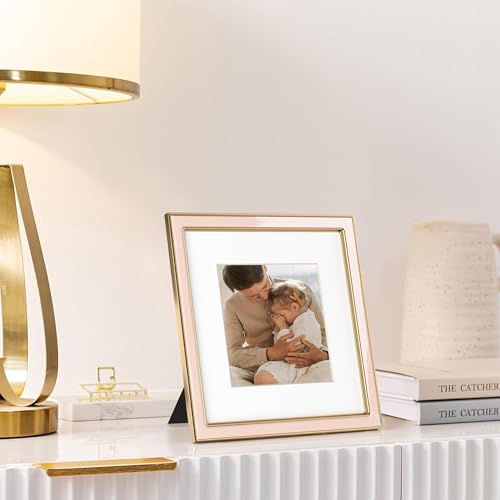 Image of eletecpro 6x6 Enamel Picture Frame with Real Glass Cover, Square Photo Frame Display Pictures 4x4 with Mat or 6 by 6 Without Mats for Tabletop and Wall Decor, Pink, 1 Pack