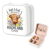 Jewellery Box with Highland Cow, Portable Travel Jewellery Box 10×10×5cm (3.9×3.9×2in), Personalised Pearl White Travel Jewellery Case, Highland Cow Gifts for Girls Women