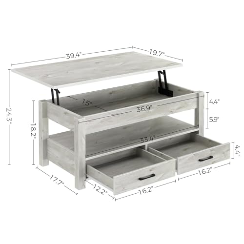 Rolanstar Coffee Table, Lift Top Coffee Table with Drawers and Hidden Compartment, Living Room Table with Wooden Lift Tabletop, for Living Room, Grey