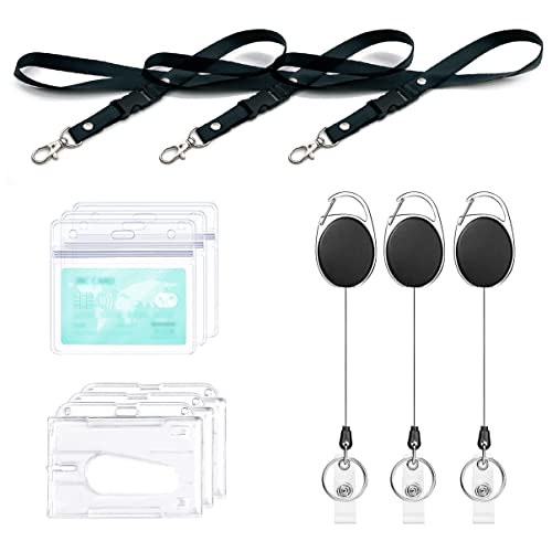 Einziehbarer Schlüsselband, 3 Set beinhaltet – Lanyard mit kartenhülle, Ausweishalter, Rollenclip, Durchsichtige Ausweishalter und Wasserdichte Ausweishüllen, für Ausweisclip, Kreditkarten (3 Set)