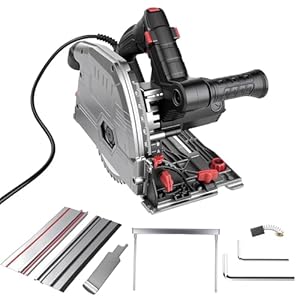 Tauchsäge inkl. 2x700mm Führungsschiene, 1200W Leistung Handkreissäge, 57mm Schnitttiefe, 0 bis 45° Schnitte Schrägstellung, Ø165mm 40 Zähne, für Hartholz, Sperrholz, Laminat, mehr