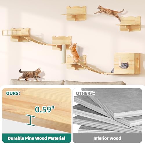 YITAHOME Kletterwand Katzen Set aus Holz, 5-Teiliges Stabiler Katzenmöbel mit Katzenhaus, Katzenbett, Plattform, Sisalsäule, Katzenhängebrücke, für Katze Schlafen Spielen Lounging