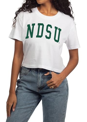 Chicka-d Women's Vintage Crop Top Short 'n Sweet Tee NCAA Classic Arch Over Neutral, North Dakota State Bison, White, Large