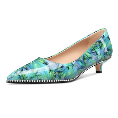 Image of Aachcol Womens Low Heel Pointed Toe Pumps Silver Beaded Kitten Heels Slip-on Comfortable Office Dress Shoes 1.4 Inches Heels